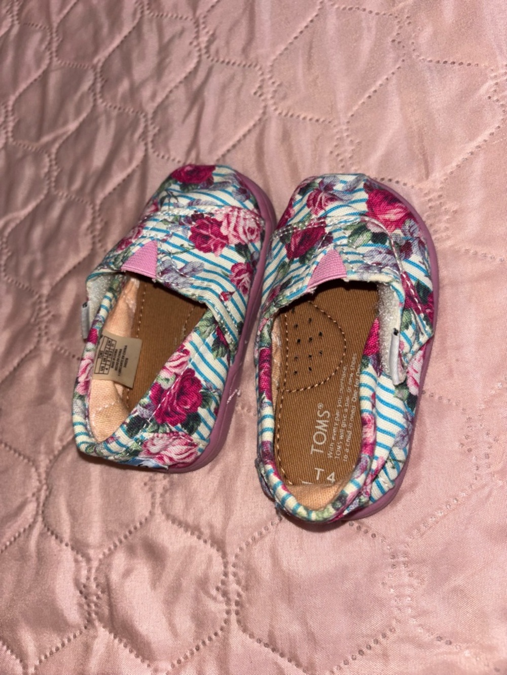 TOMS Kids Floral Stripe Slip-On Shoes in Pink, White, and Teal